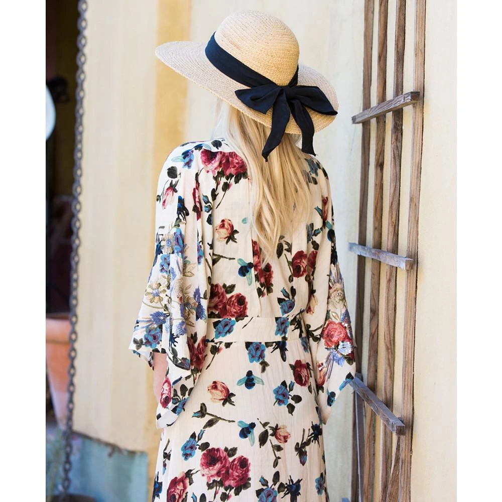 Women's Wide Brim Round Raffia Hat with Linen Bow 商品
