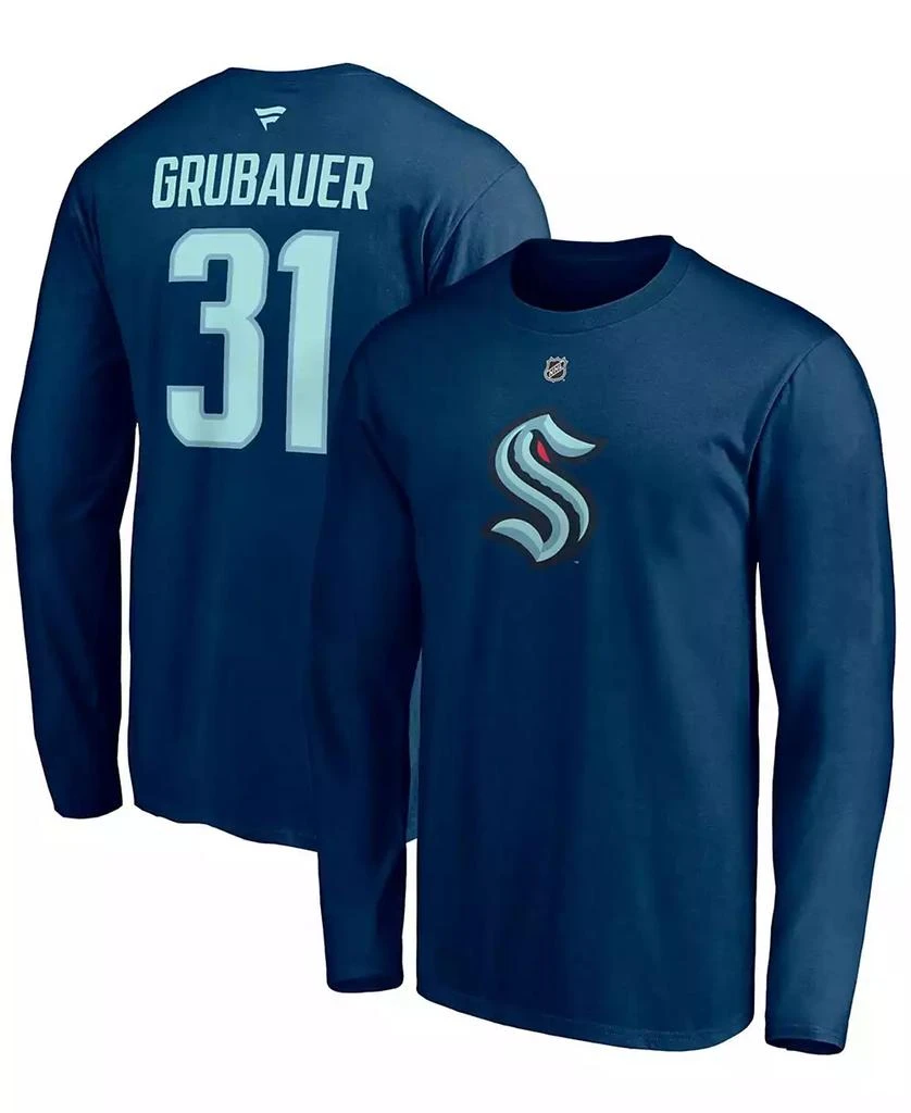 商品Fanatics|Men's Philipp Grubauer Deep Sea Blue Seattle Kraken Authentic Stack Name and Number Long Sleeve T-shirt,价格¥274,第1张图片
