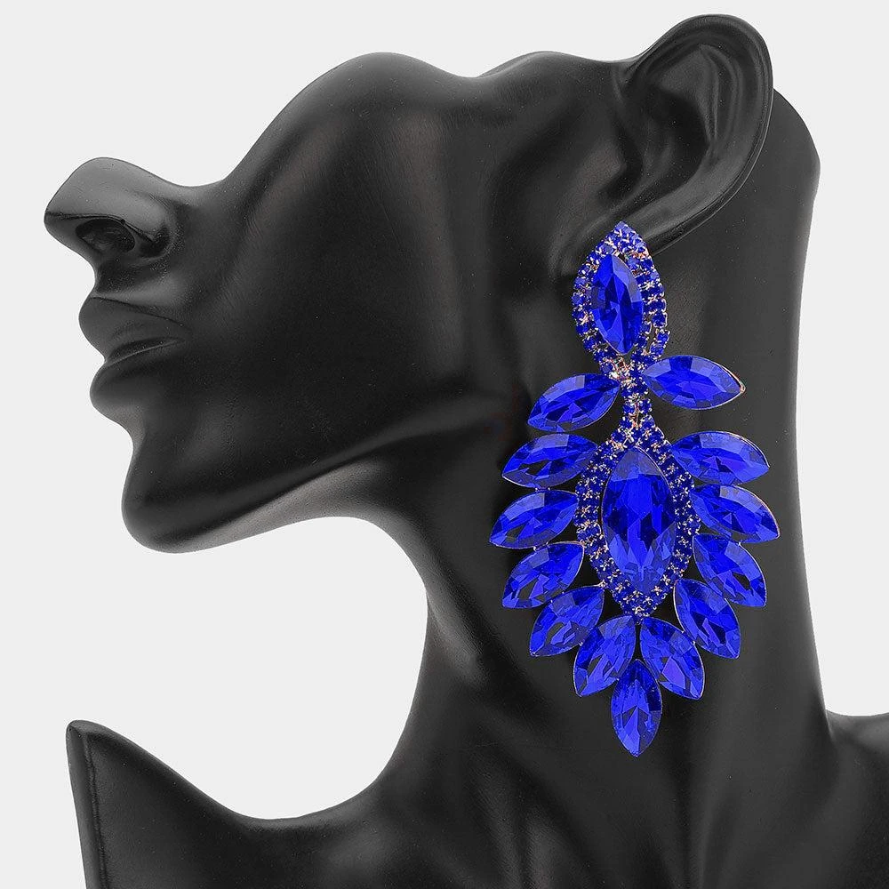 商品FASHNZFAB|Marquise Stone Cluster Dangle Evening Earrings - Gold, Sapphire,价格¥222,第1张图片