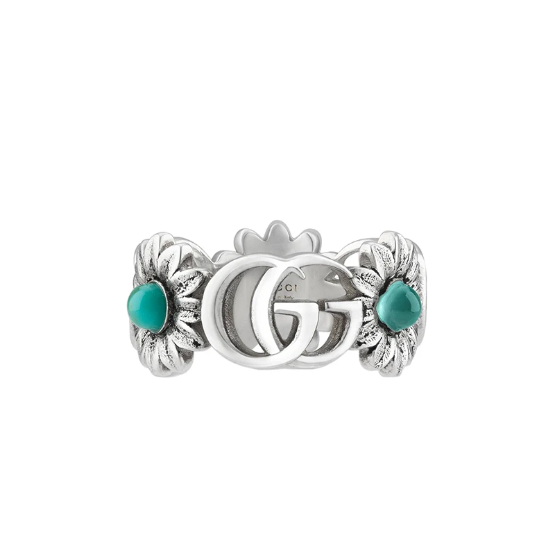 商品Gucci|GUCCI/古驰 经典925纯银花朵镶嵌白色珍珠母贝绿松石蓝色托帕石双G复古戒指指环,价格¥2770,第1张图片