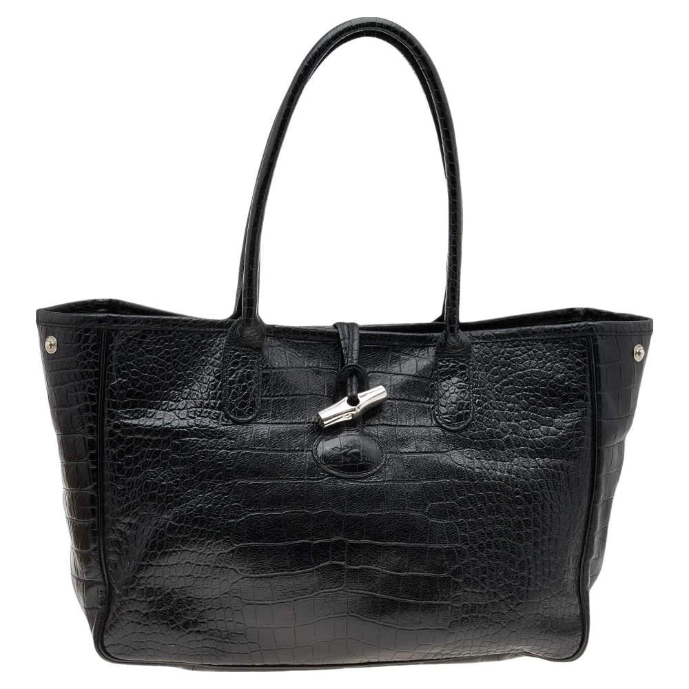 商品[二手商品] Longchamp|Longchamp Black Glaze Croc Embossed Leather Roseau Tote,价格¥1439,第1张图片