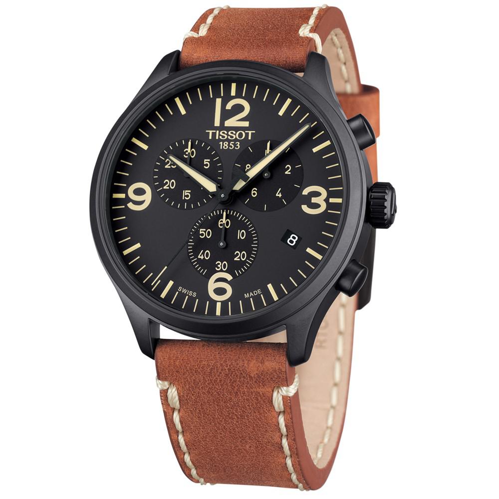 Men's Swiss Chrono XL Brown Leather Strap Watch 45mm商品第2张图片规格展示
