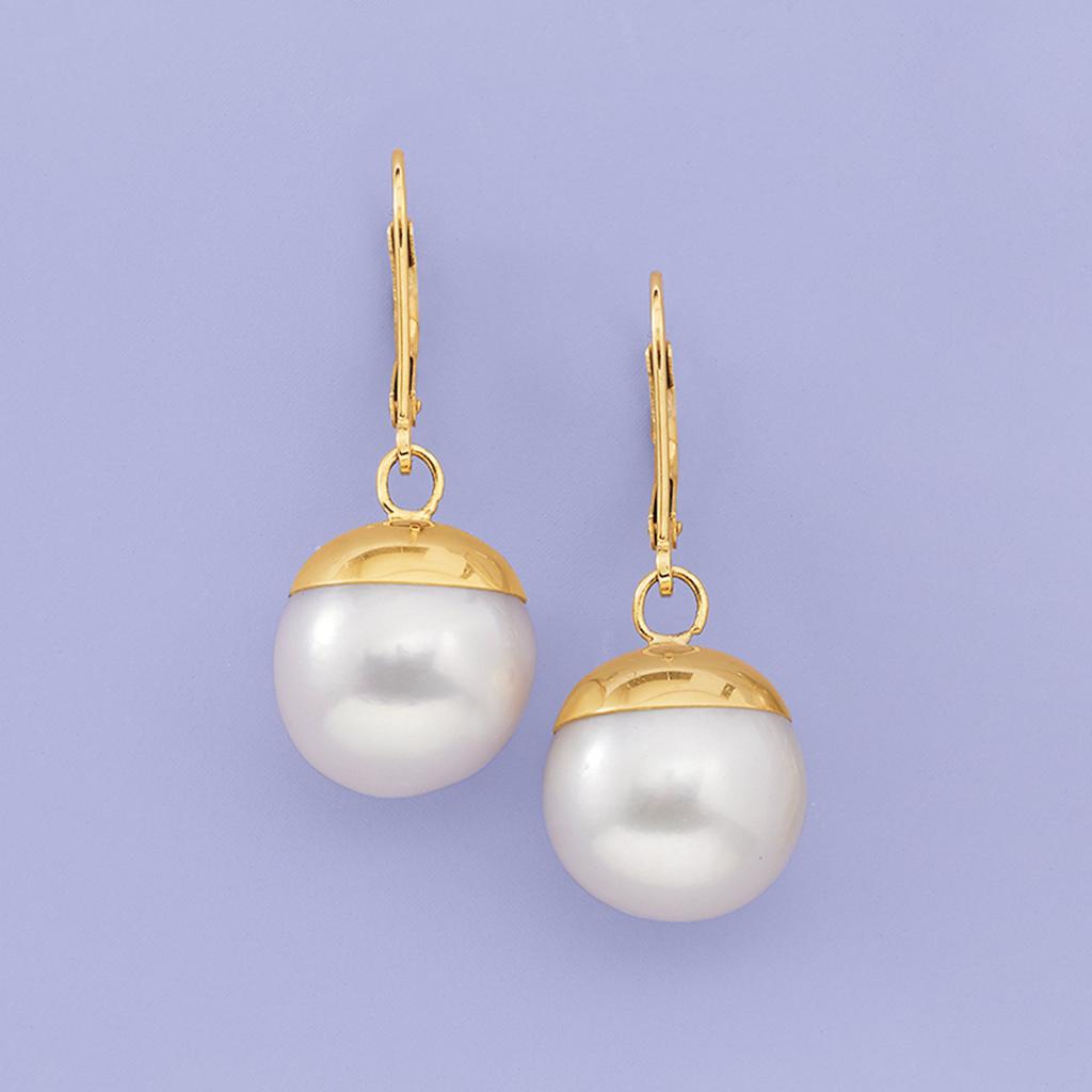 Ross-Simons 12-13mm Cultured Pearl Drop Earrings in 14kt Yellow Gold商品第3张图片规格展示