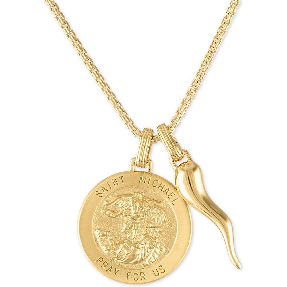 商品Esquire Men's Jewelry|St. Michael Medallion & Horn 24" Pendant Necklace in 14k Gold-Plated Sterling Silver, Created for Macy's,价格¥2362,第1张图片