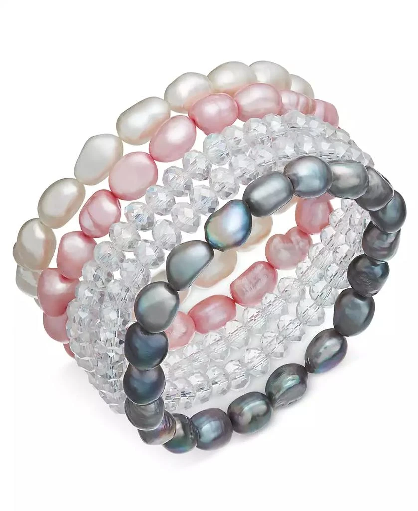 商品Macy's|5-Pc. Set White, Pink & Gray Cultured Freshwater Baroque Pearl (7mm) and Rondel Crystal Stretch Bracelets,价格¥928,第1张图片