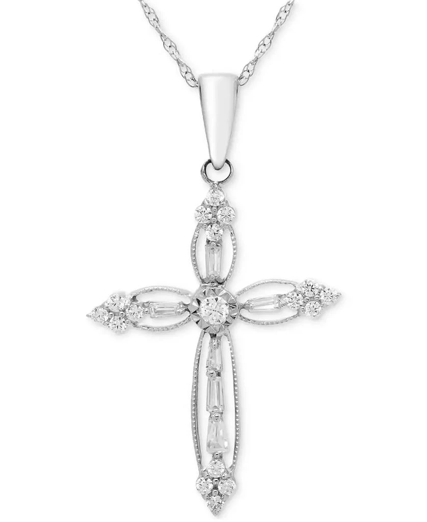 商品Macy's|Diamond Round & Baguette Openwork Cross 18" Pendant Necklace (1/4 ct. t.w.) in 14k White Gold,价格¥8310,第1张图片