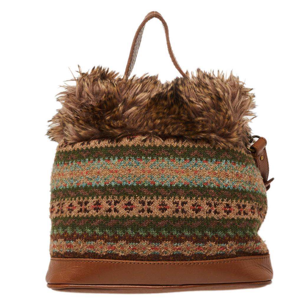 Ralph Lauren Multicolor Faux Fur Flap And Crochet Drawstring Bucket Bag商品第4张图片规格展示