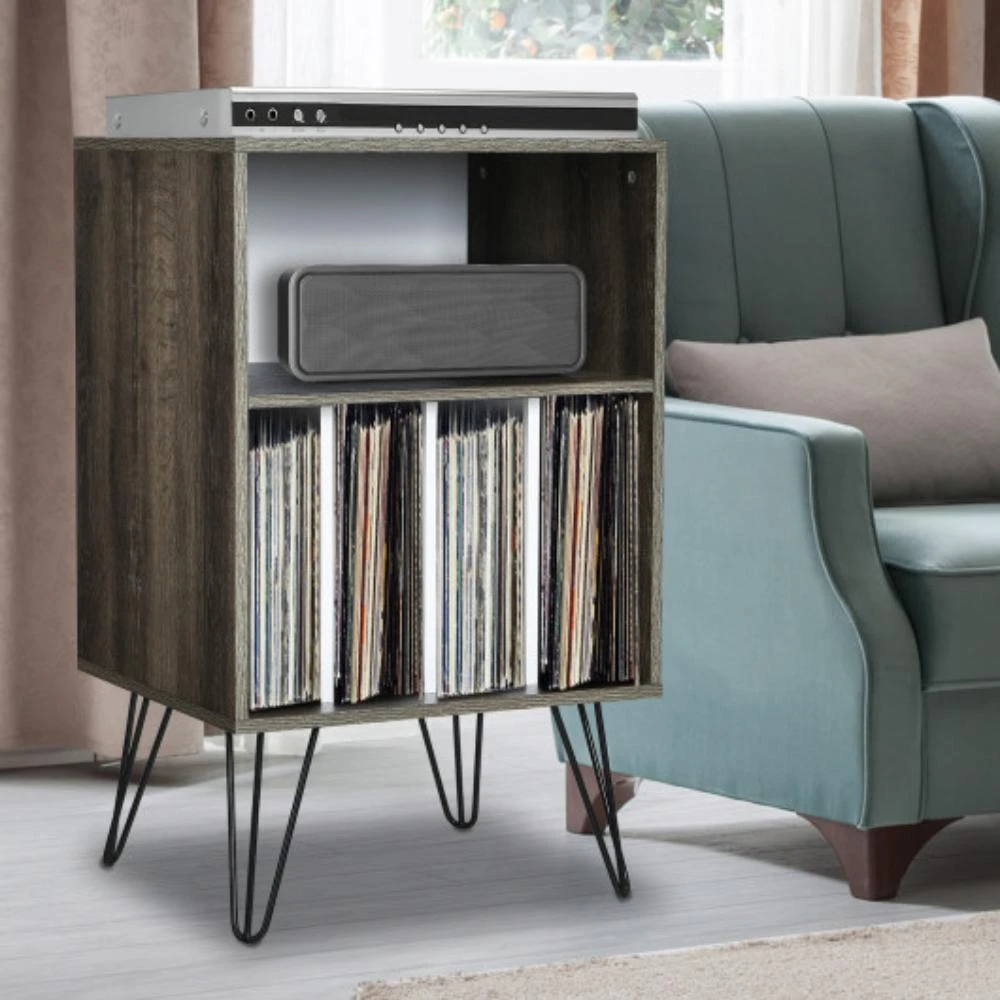 商品Hivvago|Freestanding Record Player Stand Record Storage Cabinet with Metal Legs-Gray,价格¥616,第1张图片