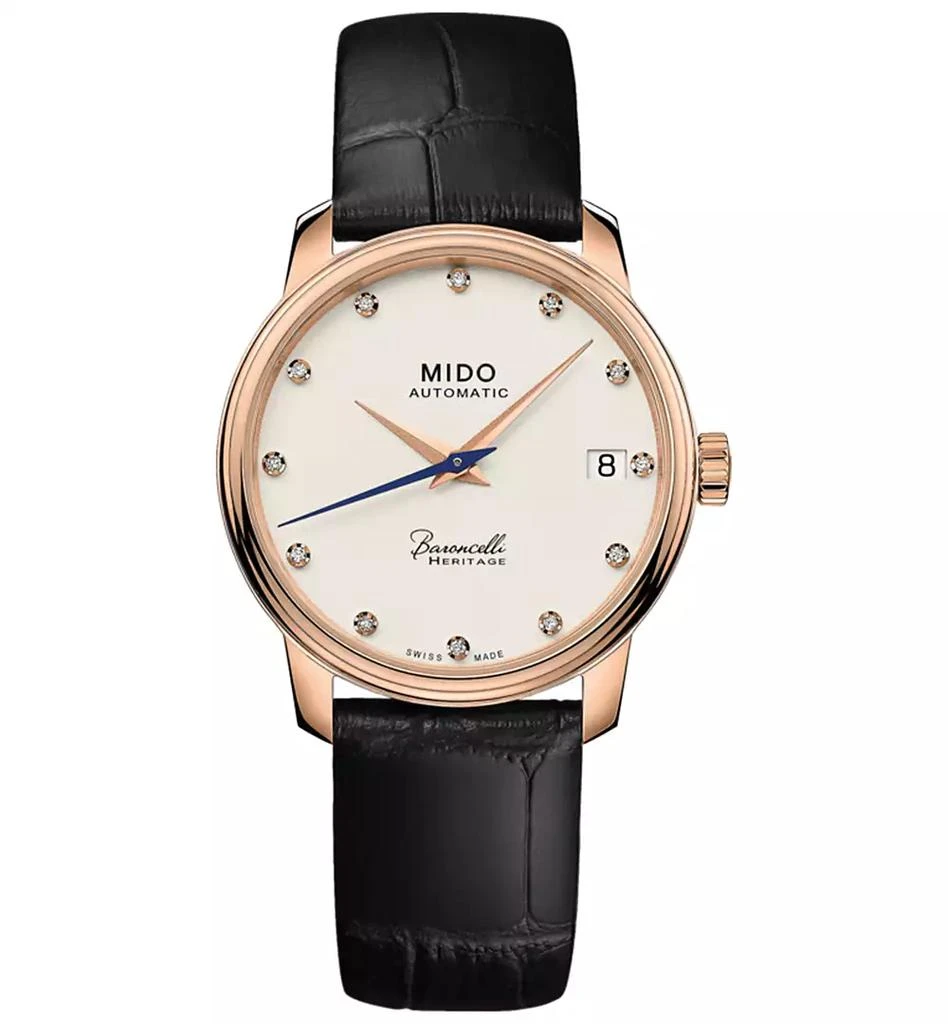 商品MIDO|Women's Swiss Automatic Baroncelli III Heritage Diamond (1/10 ct. t.w.) Black Leather Strap Watch 33mm,价格¥11782,第1张图片