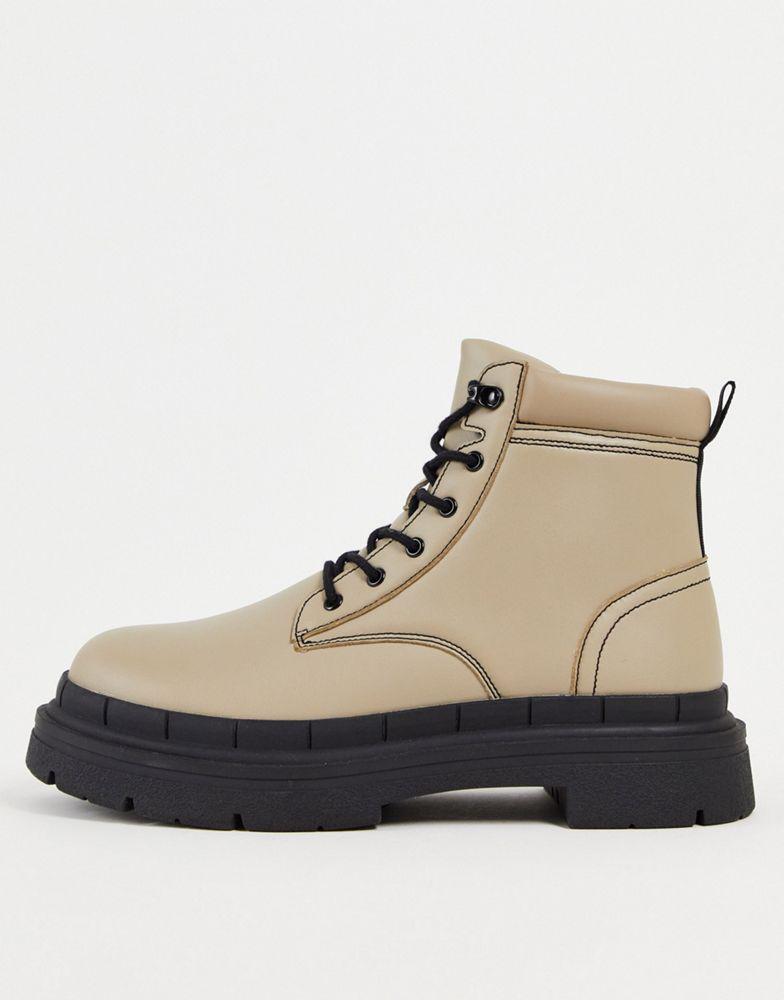 ASOS DESIGN chunky sole lace up boot with contrast stitch in taupe faux leather商品第1张图片规格展示