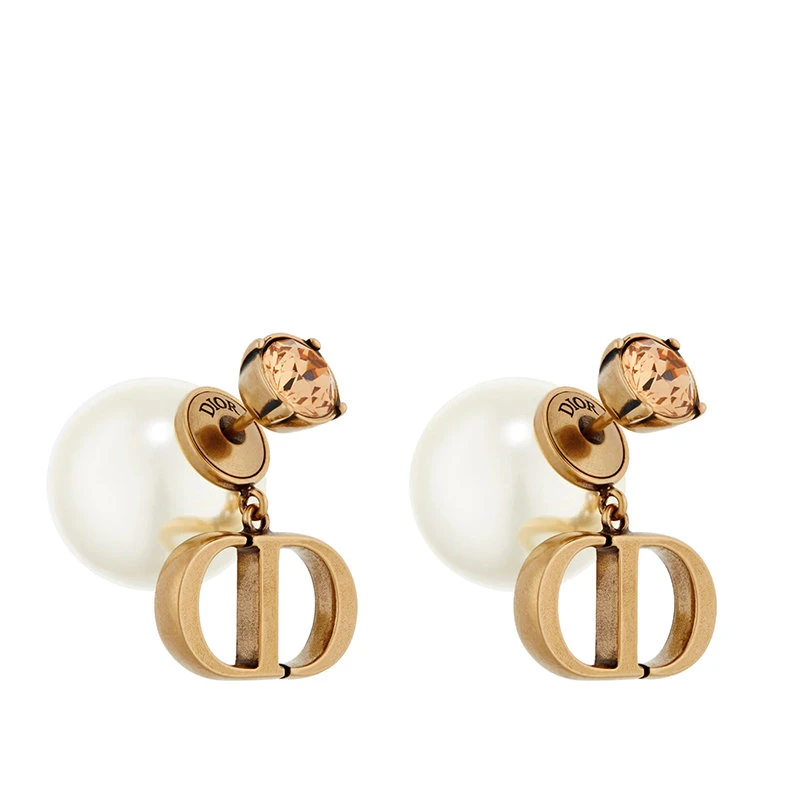 商品Dior|【预售3-7天】DIOR/迪奥 22新款DIOR TRIBALES系列 女士白色树脂珠子配金属CD徽标吊饰镶嵌黄玉色透明晶体耳扣耳钉耳环E2026WOMCY_D04L,价格¥4069,第1张图片