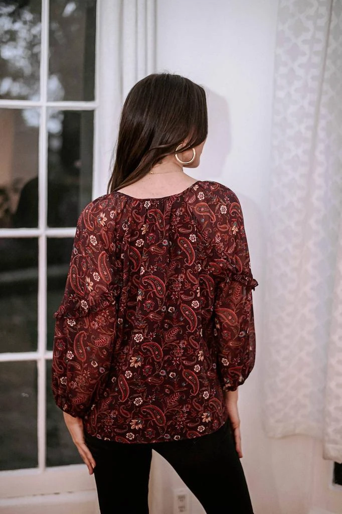 商品Veronica M|Gredana Ruffle Chiffon Blouse In Burgundy,价格¥470,第5张图片详细描述