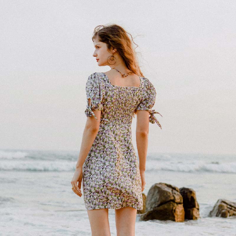 Zahra紫色小雏菊印花纽结泡泡袖复古连衣裙 | Zahra Dress - Floral Print商品第5张图片规格展示