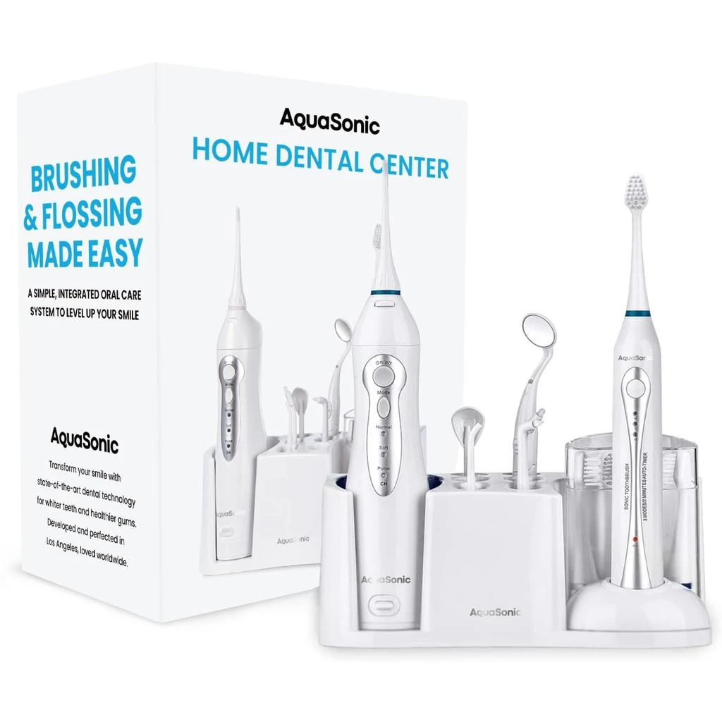 商品AquaSonic|AquaSonic Home Dental Center Rechargeable Power Toothbrush & Smart Water Flosser - Complete Family Oral Care System - 10 Attachments and Tips Included - Various Modes & Timers (White),价格¥500,第1张图片