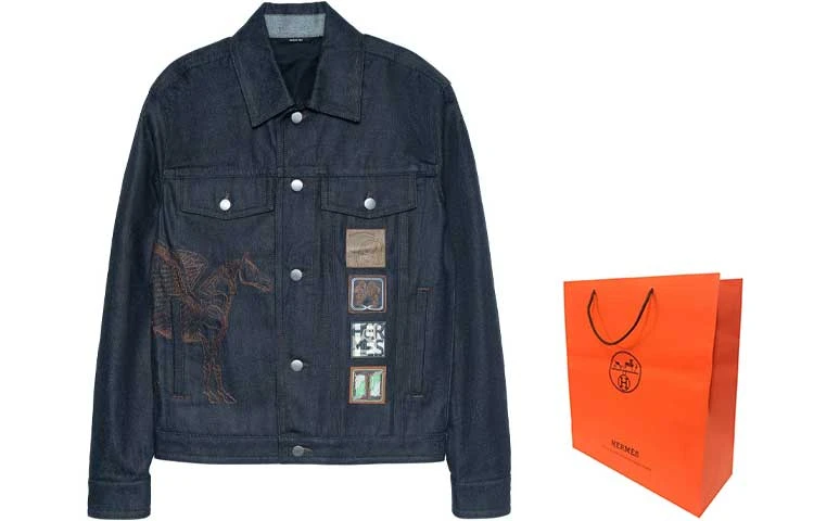 商品[国内直发] Hermes|爱马仕 SS23 Logo刺绣单排扣牛仔外套 男款 藏青色,价格¥15848,第6张图片详细描述