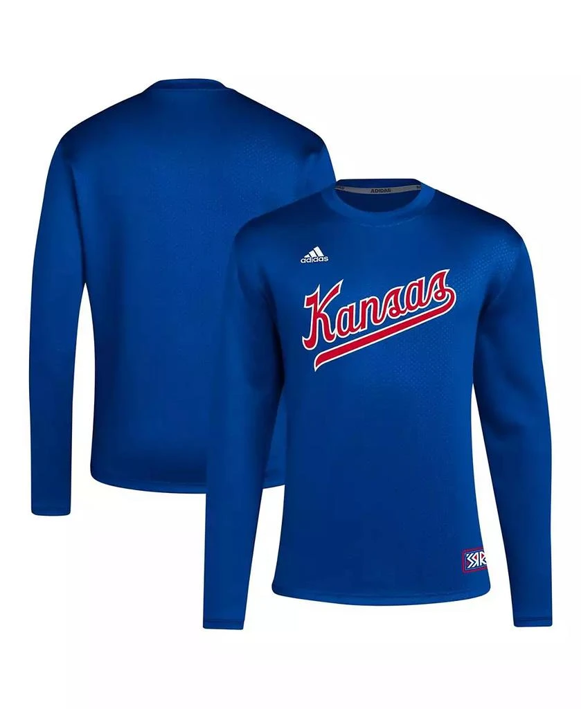 商品Adidas|Men's Royal Distressed Kansas Jayhawks Reverse Retro Baseball Script Pullover Sweatshirt,价格¥451,第1张图片