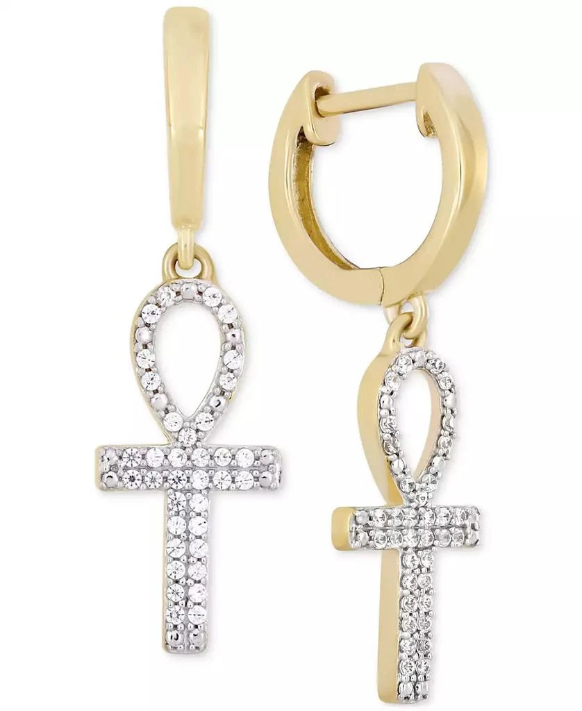 商品Macy's|Men's Diamond Ankh Cross Dangle Hoop Earrings (1/6 ct. t.w.) in 10k Gold,价格¥1411,第1张图片