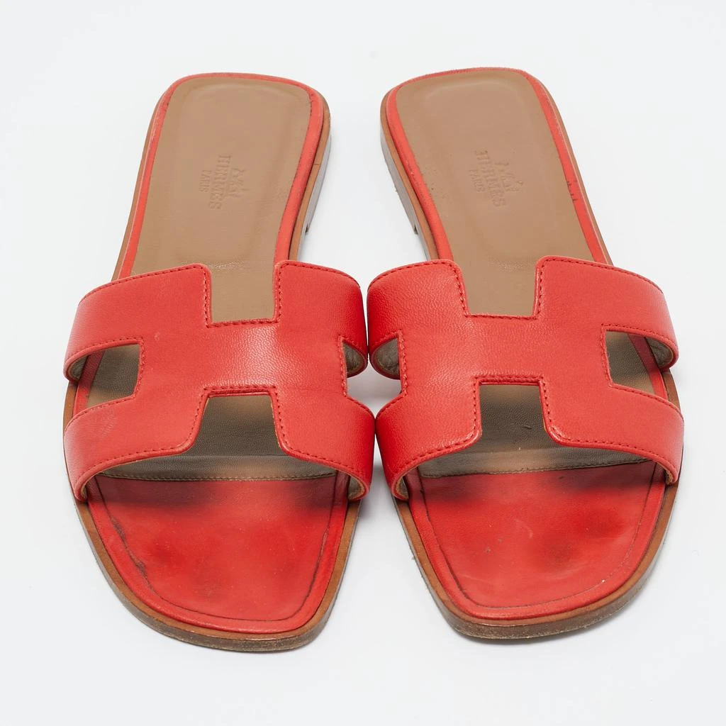 商品[二手商品] Hermes|Hermes Red Leather Oran Flat Slides Size 41 ,价格¥2660,第3张图片详细描述