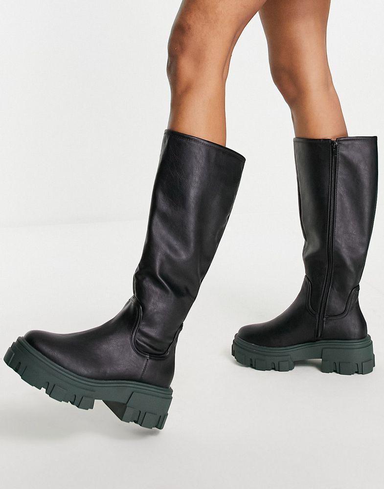 商品ASOS|ASOS DESIGN Carla chunky flat knee boots in black with green sole,价格¥204,第5张图片详细描述