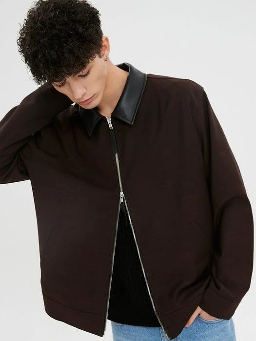 商品MOONSUN|Leather Collar Wool Blend Shirt Jacket Dark Brown,价格¥2153,第2张图片详细描述
