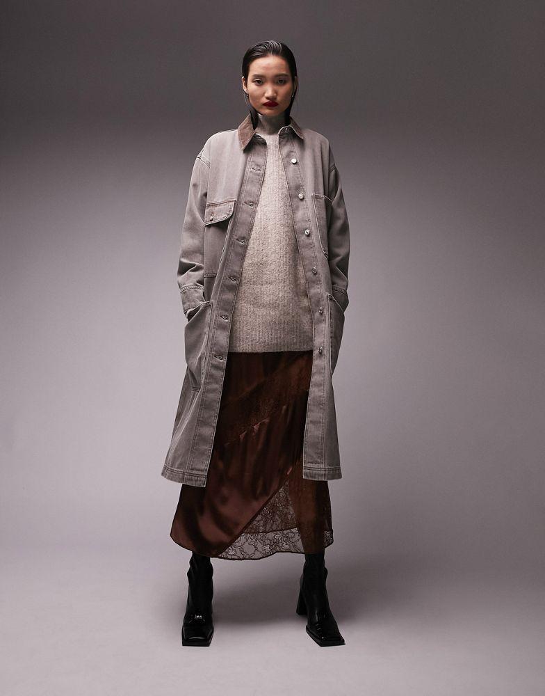 Topshop multi pocket denim duster coat in brown商品第2张图片规格展示