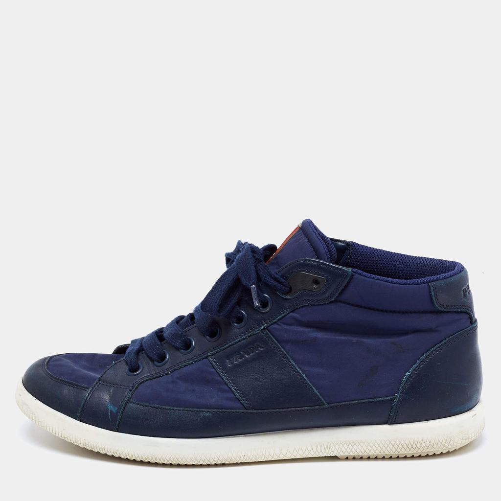 Prada Sport Navy Blue Nylon And Leather Mid Top Sneakers Size 43.5商品第1张图片规格展示