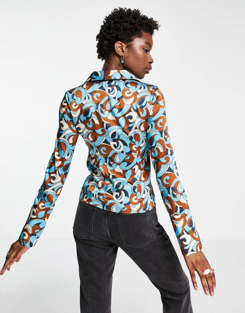商品Topshop|Topshop 70's swirl print ruched popper shirt in blue,价格¥192,第3张图片详细描述