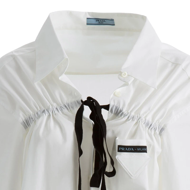 PRADA 女士白色黑色蝴蝶结系带长袖衬衫 P443E-1LZC-F0009 商品