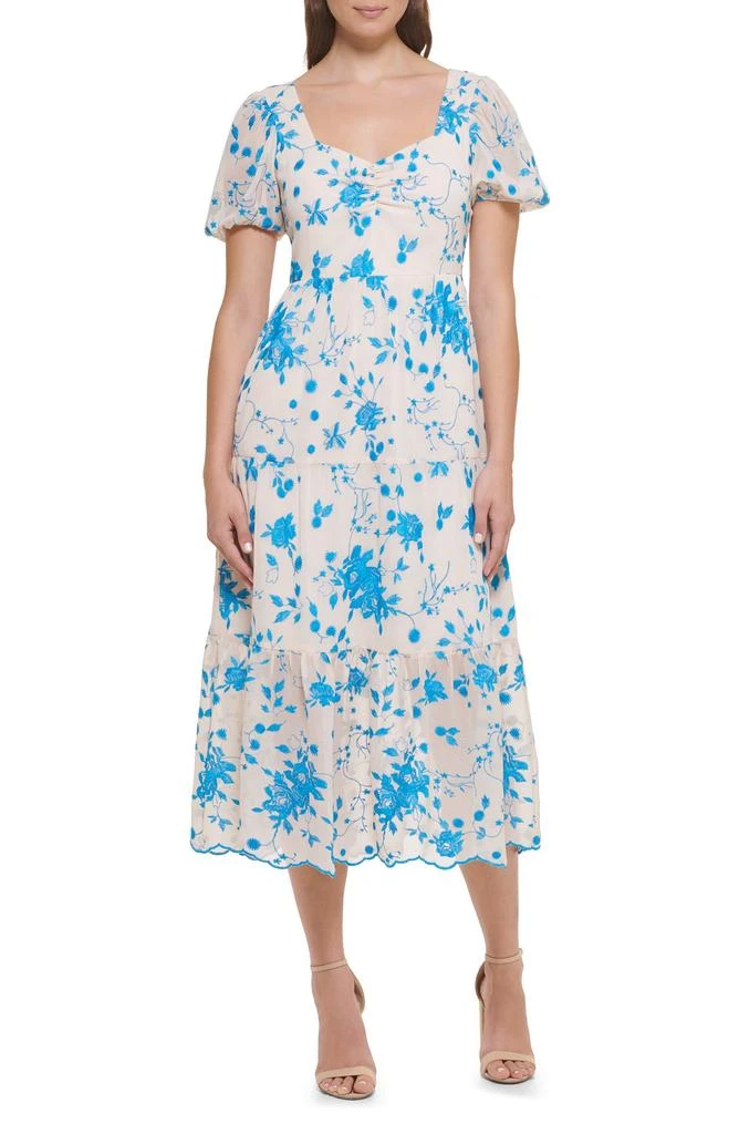 商品Kensie|Floral Embroidered Puff Sleeve Chiffon Midi Dress,价格¥213,第1张图片