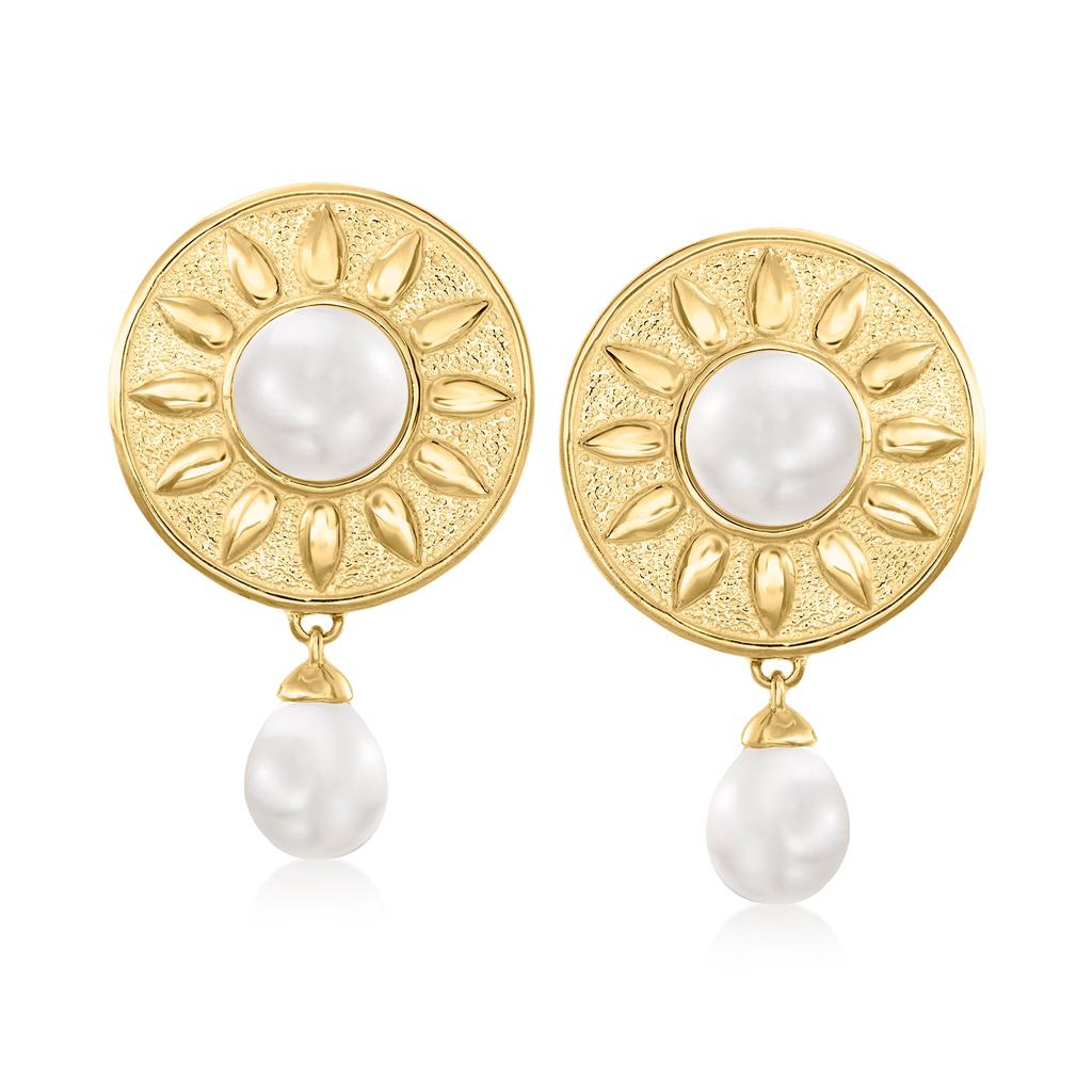 Ross-Simons 5.5-7.5mm Cultured Pearl Floral Drop Earrings in 18kt Gold Over Sterling商品第1张图片规格展示