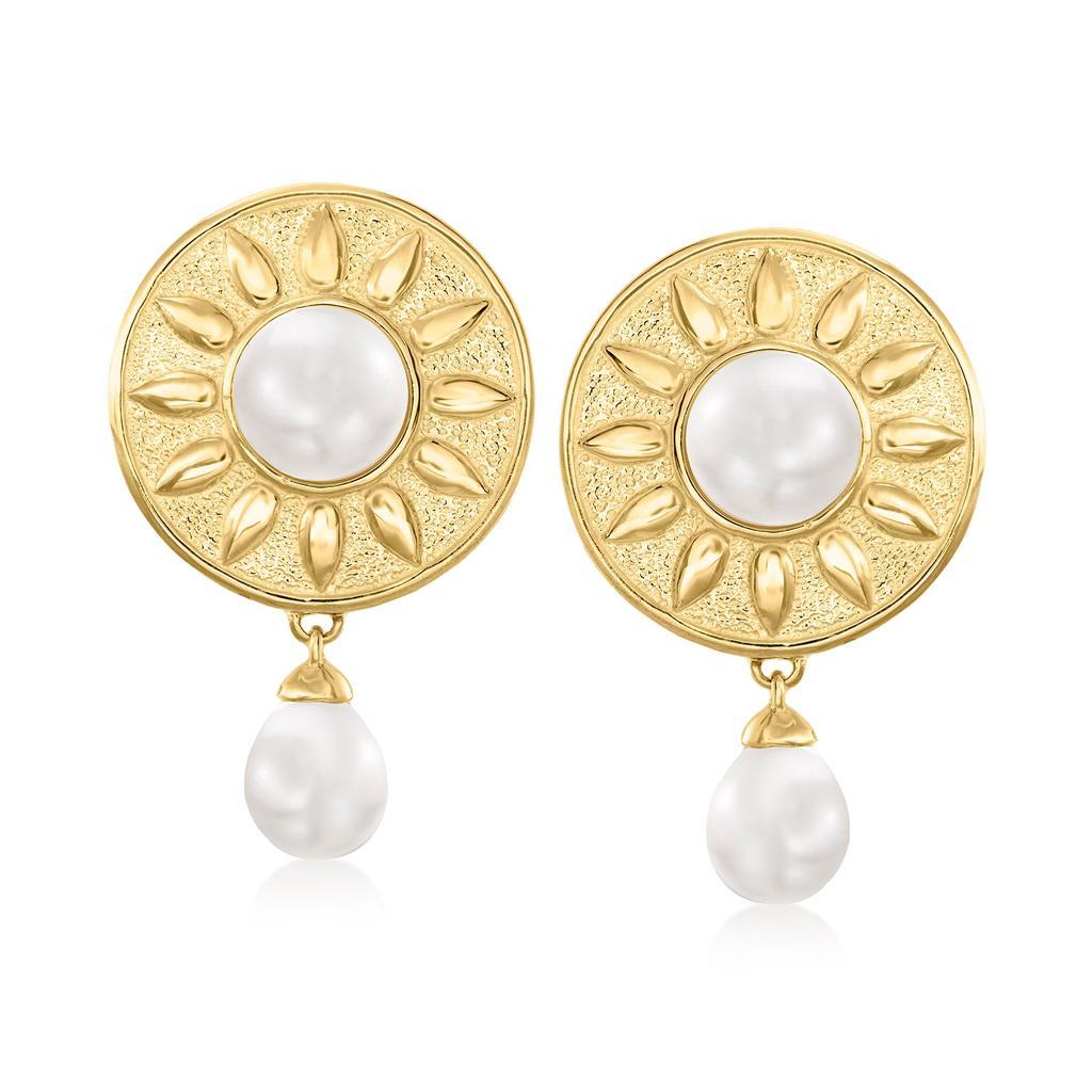 商品Ross-Simons|Ross-Simons 5.5-7.5mm Cultured Pearl Floral Drop Earrings in 18kt Gold Over Sterling,价格¥801,第1张图片