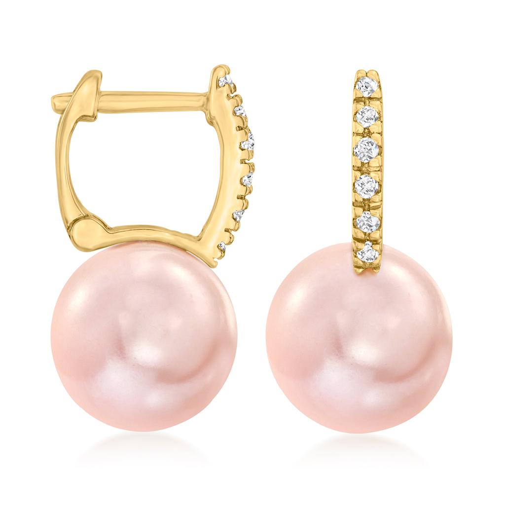 Ross-Simons 8-8.5mm Pink Cultured Pearl Huggie Hoop Drop Earrings With Diamond Accents in 14kt Yellow Gold商品第5张图片规格展示