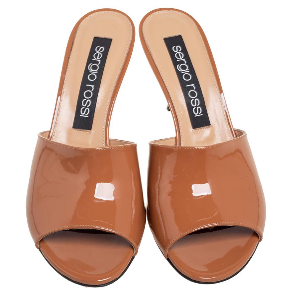 Sergio Rossi Mid Tan Patent Leather Slide Sandals Size 40.5商品第3张图片规格展示