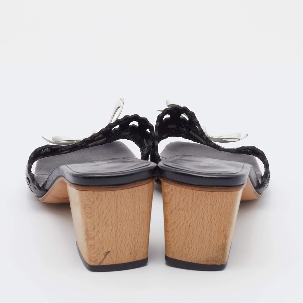 Sergio Rossi Black/White Laser Cut Leather Bow Detail Slide Sandals Size 37.5商品第5张图片规格展示