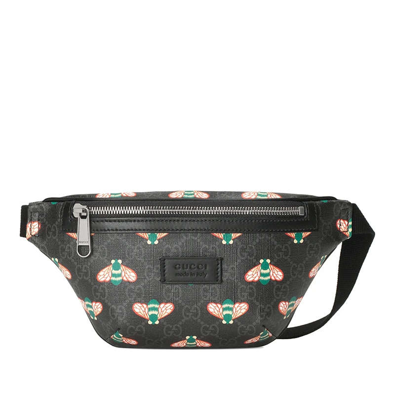 商品Gucci|GUCCI/古驰 Bestiary系列 男士老花帆布彩色蜜蜂图案印花黑色皮革饰边斜挎包腰包,价格¥7188,第1张图片