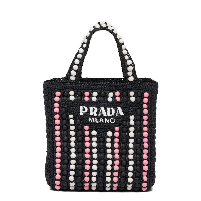 商品Prada|PRADA/普拉达 22新款 女士黑色酒椰纤维搭配彩色木质球串珠单肩手提托特包,价格¥12467,第1张图片