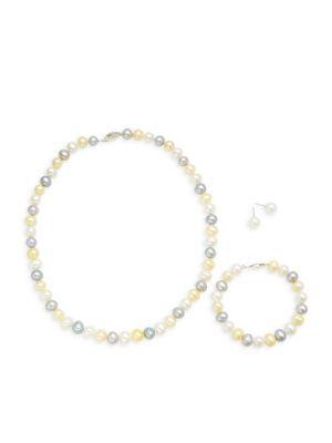 925 Sterling Silver & 8-9mm Multicolored Semi-Round Cultured Freshwater Pearl Collar Necklace, Bracelet & Stud Earrings Set商品第1张图片规格展示