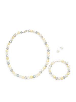 商品BELPEARL|925 Sterling Silver & 8-9mm Multicolored Semi-Round Cultured Freshwater Pearl Collar Necklace, Bracelet & Stud Earrings Set,价格¥517,第1张图片