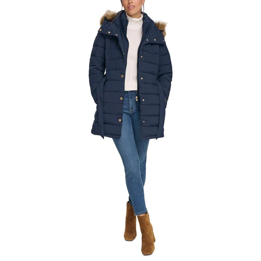 商品Tommy Hilfiger|Women's Belted Faux-Fur-Trim Hooded Puffer Coat, Created for Macy's,价格¥1123,第1张图片