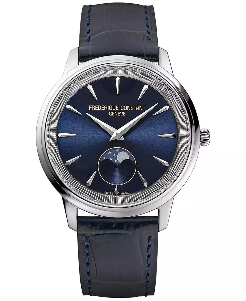 商品Frederique Constant|Men's Swiss Moneta Moonphase Navy Leather Strap Watch 37mm,价格¥9603,第1张图片