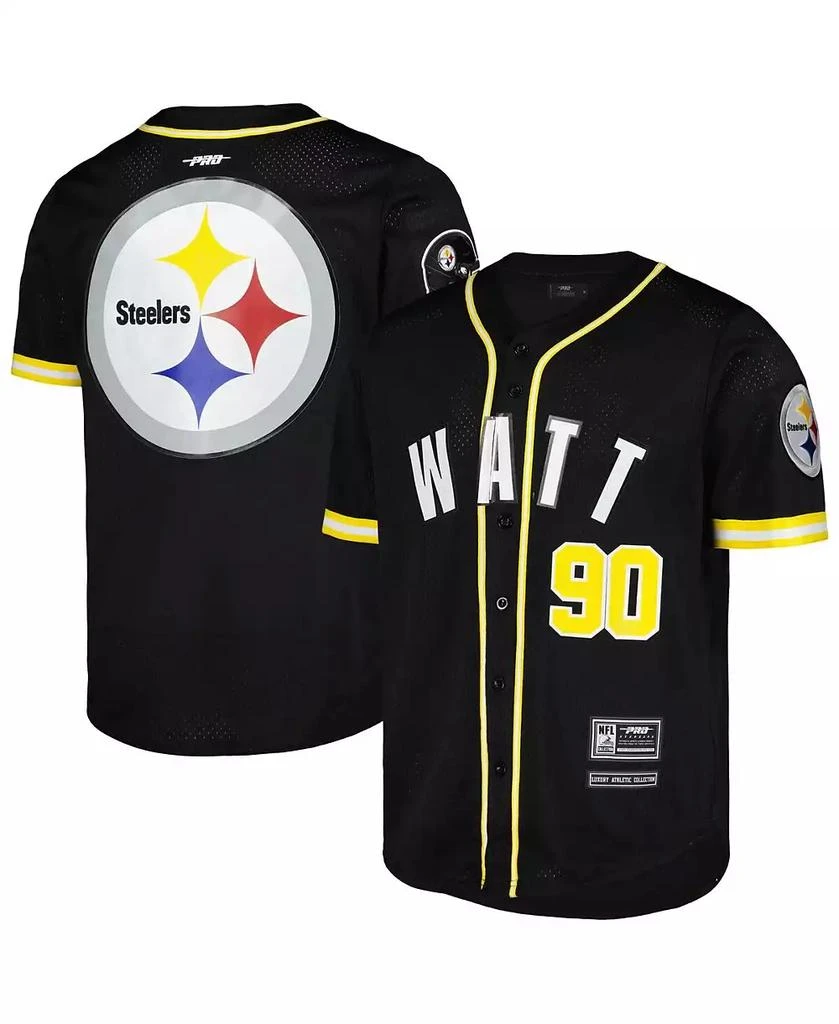 商品Pro Standard|Men's T.J. Watt Black Pittsburgh Steelers Mesh Baseball Button-Up T-shirt,价格¥823,第1张图片