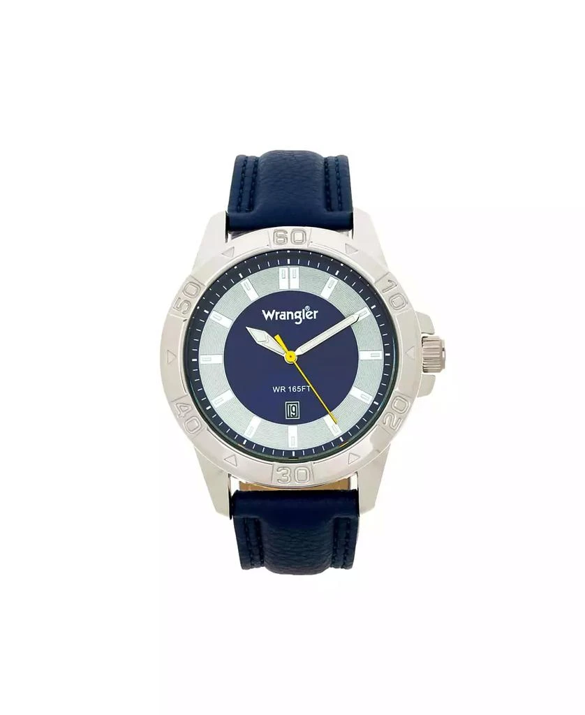 商品Wrangler|Men's Watch, 46MM Silver Colored Case with Embossed Arabic Numerals on Bezel, Blue Sunray Dial, Silver Index Markers, Analog, Blue Strap,价格¥425,第1张图片