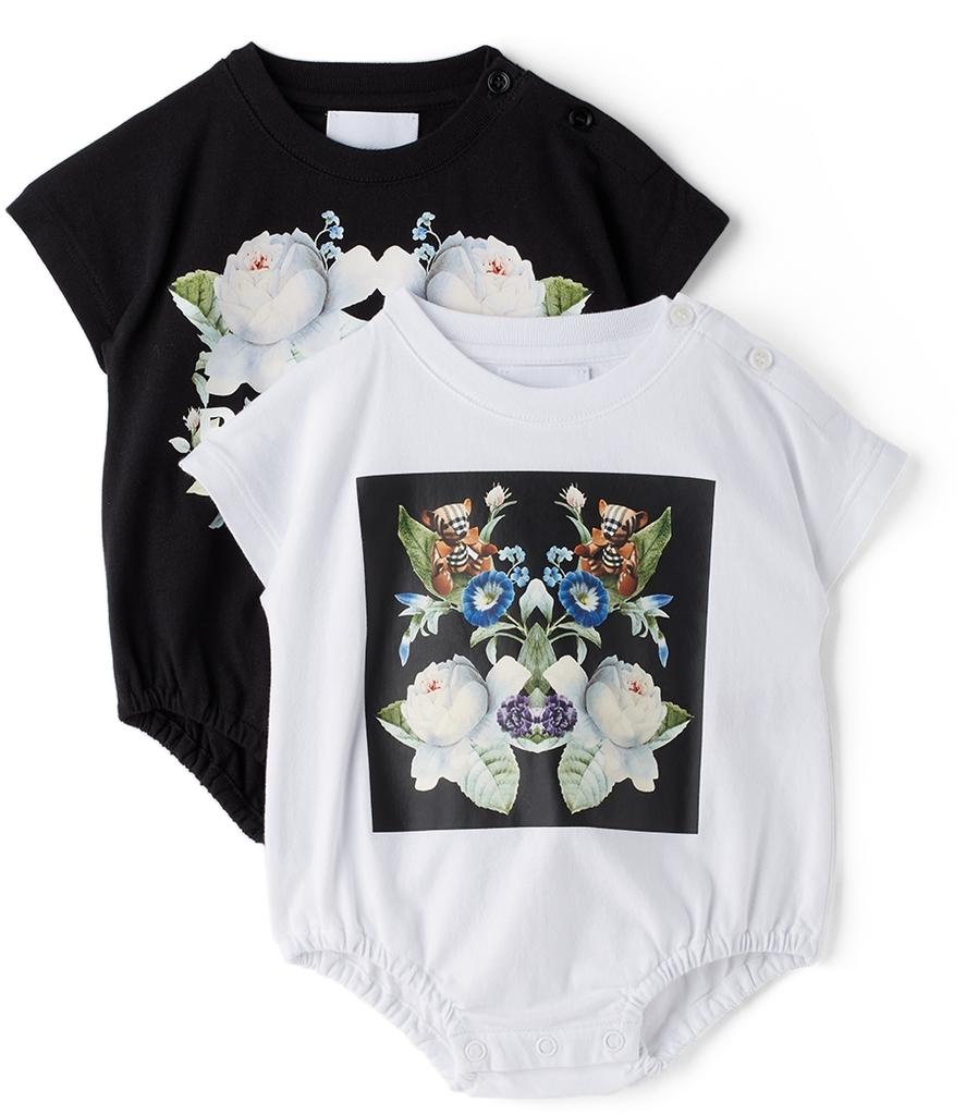 Baby Two-Pack White & Black Floral Bodysuit Set商品第1张图片规格展示