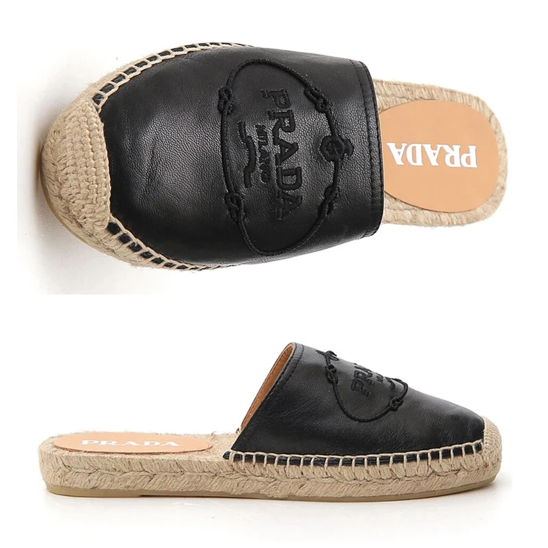 PRADA 女士黑色徽标麻底穆勒鞋  1S154M-034-F0002 商品