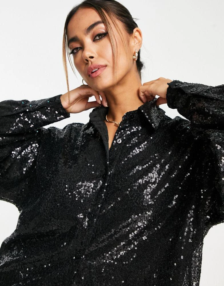 商品In The Style|In The Style exclusive sequin oversized shirt co-ord in black,价格¥232,第3张图片详细描述