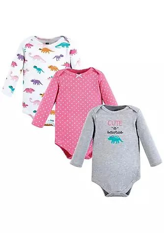 商品Hudson|Baby Hudson Baby Infant Girl Cotton Long Sleeve Bodysuits Cuteasaurus 3 Pack,价格¥112,第1张图片