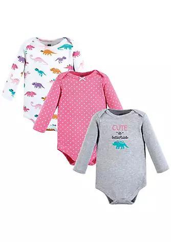 商品Hudson|Hudson Baby Infant Girl Cotton Long-Sleeve Bodysuits, Cuteasaurus 3-Pack,价格¥112-¥119,第1张图片