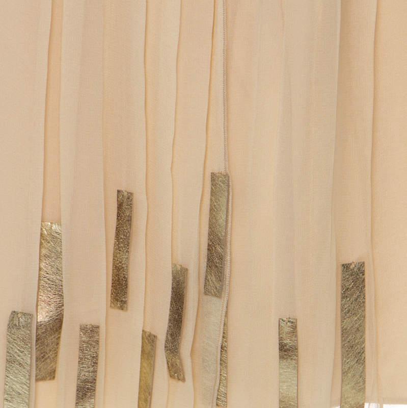 Elie Tahari Light Beige Pleated Silk and Gold Leather Trim Detail Midi Skirt L商品第4张图片规格展示