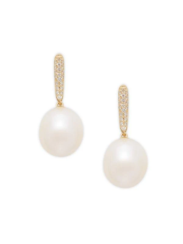 商品Effy|14K Yellow Gold, 10MM Freshwater Pearl & Diamond Drop Earrings,价格¥3859,第1张图片