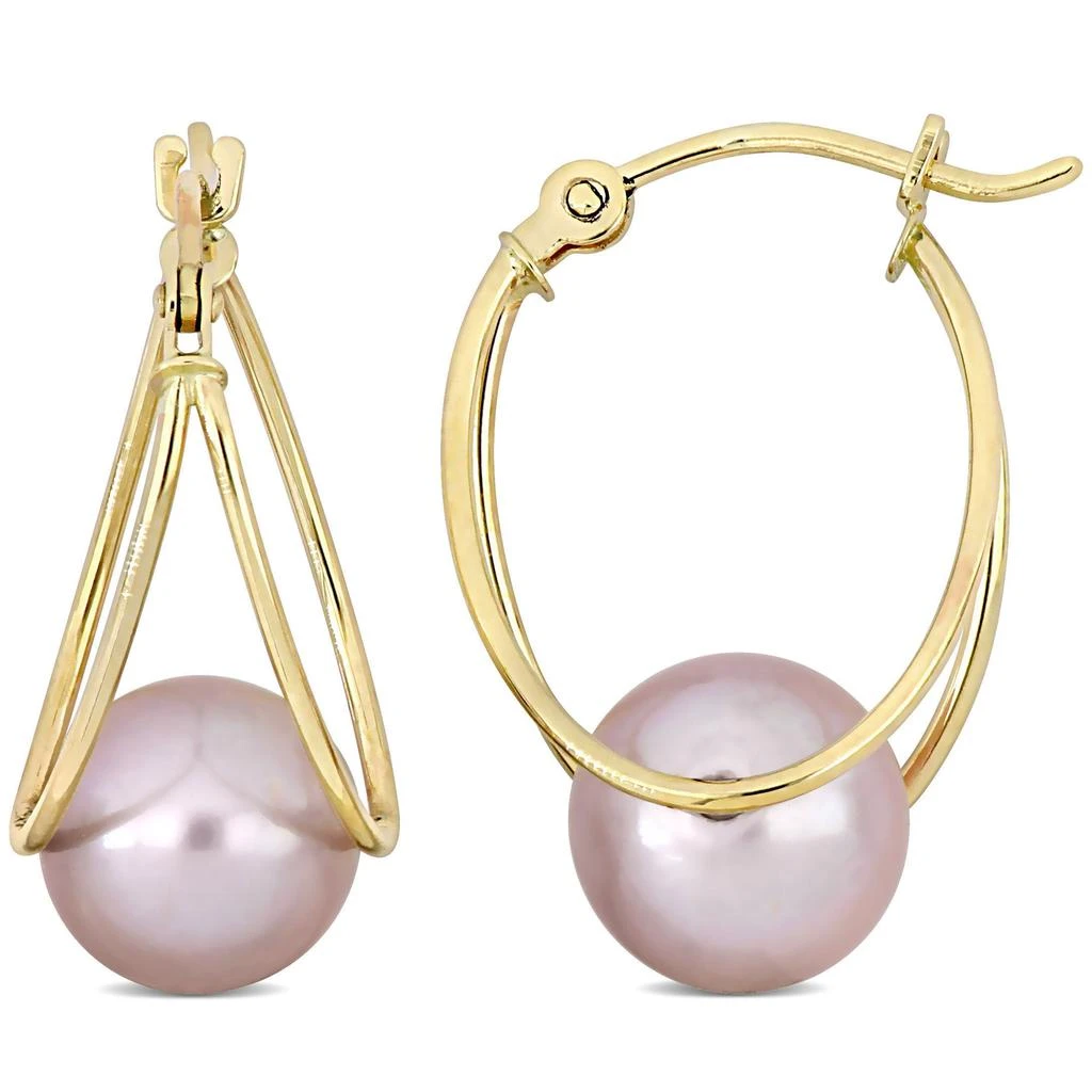 商品Mimi & Max|8-8.5mm Cultured Freshwater Pink Pearl Drop Hoop Earrings in 10k Yellow Gold,价格¥739,第1张图片